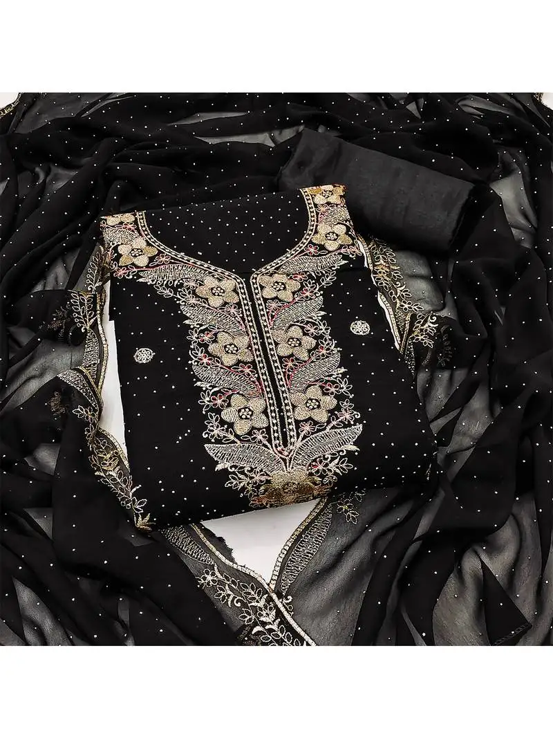 Black embroidered georgette salwar suit material with mirror & zari work unstitched