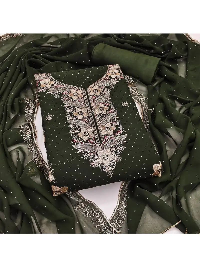 Mehendi green embroidered georgette salwar suit material with mirror & zari work unstitched