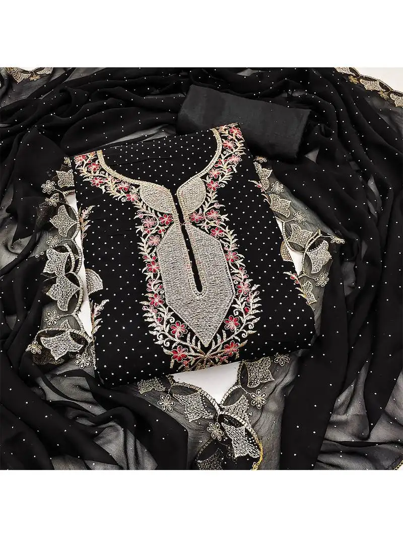 Designer black georgette embroidered salwar suit material with statement neckline unstitched
