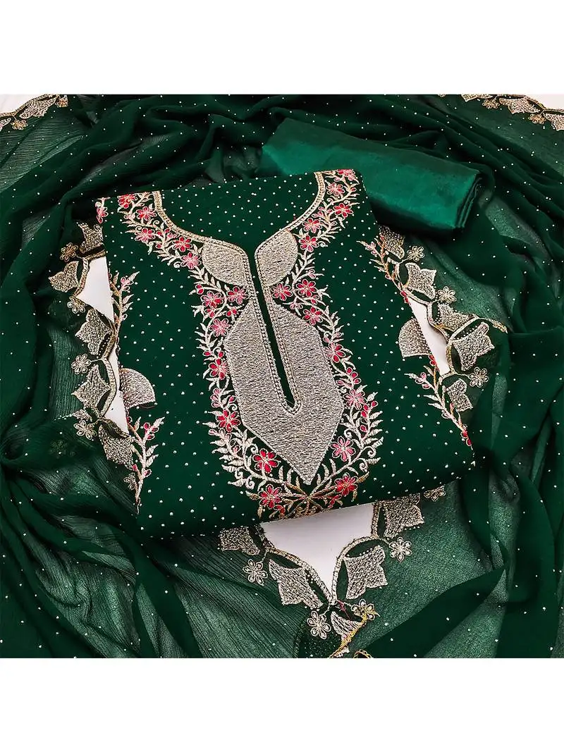 Designer dark green georgette embroidered salwar suit material with statement neckline unstitched