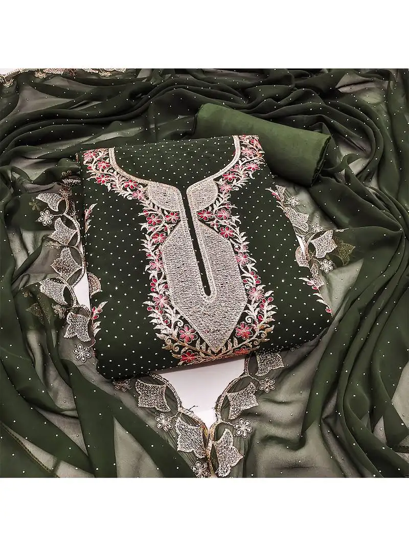 Designer mahendi green georgette embroidered salwar suit material with statement neckline unstitched