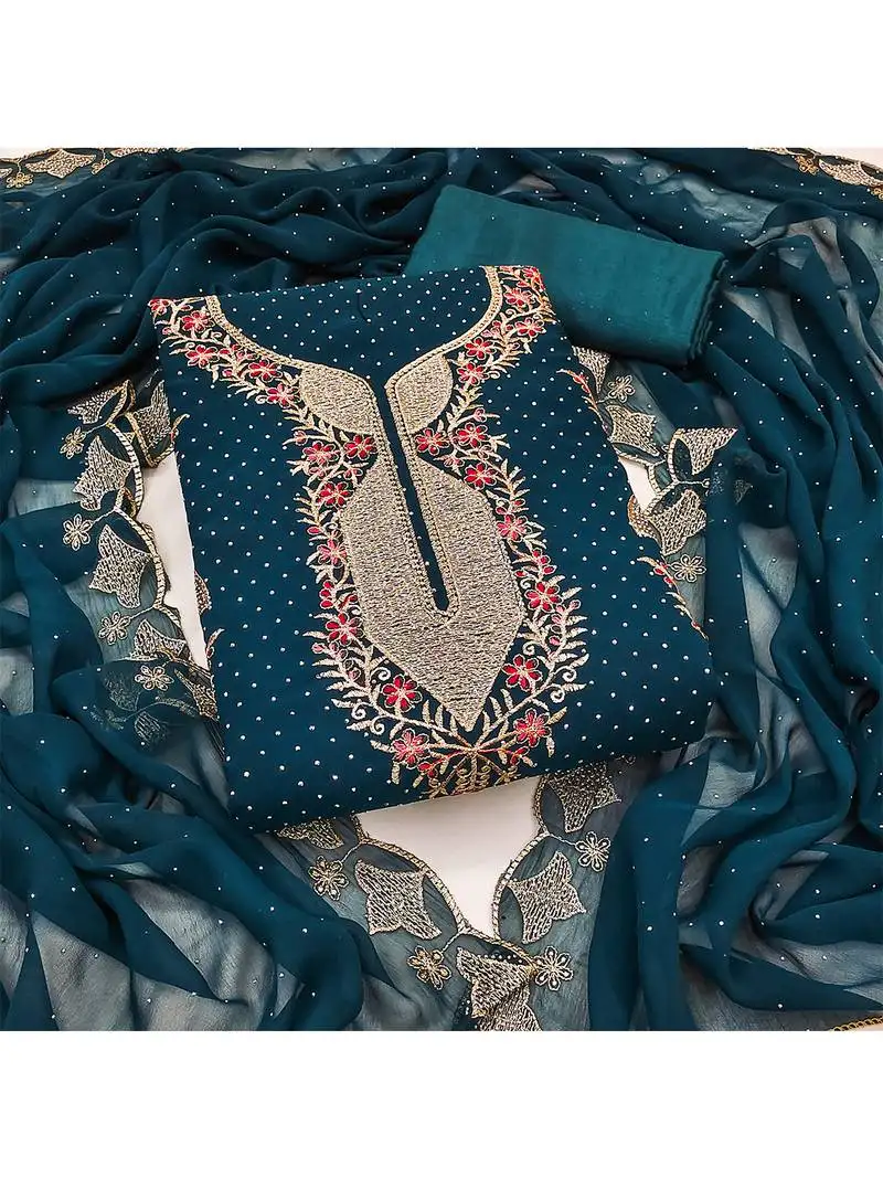 Designer morpich blue georgette embroidered salwar suit material with statement neckline unstitched