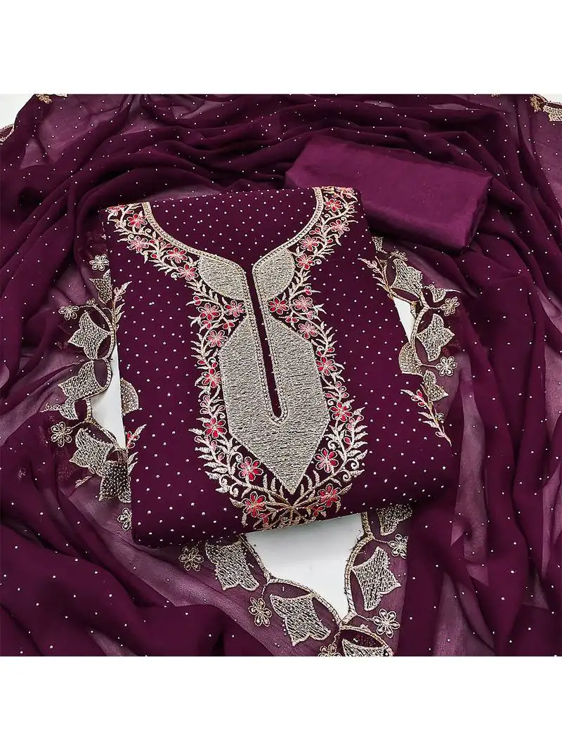 Designer wine georgette embroidered salwar suit material with statement neckline unstitched