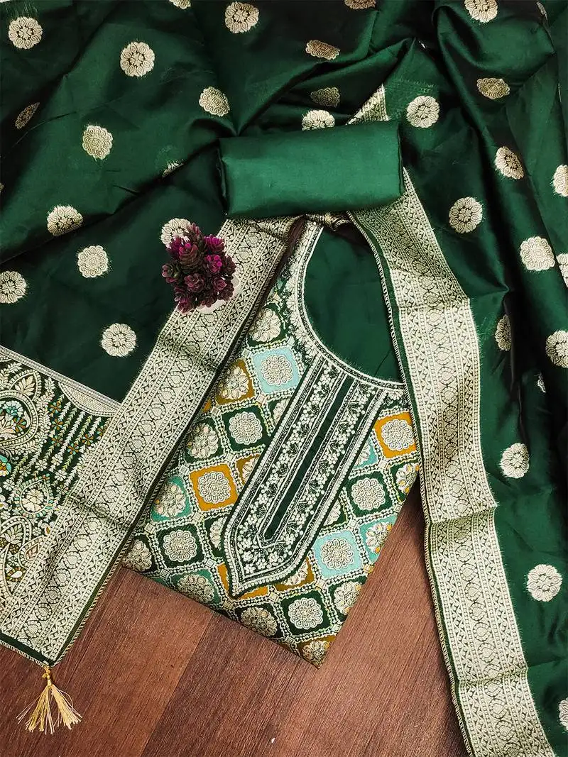 Royal green jacquard embroidered salwar suit material with woven dupatta unstitched