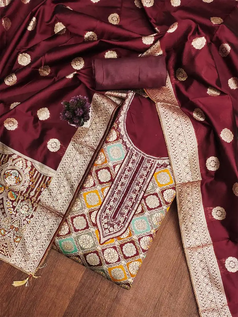 Maroon jacquard embroidered salwar suit material with woven dupatta unstitched