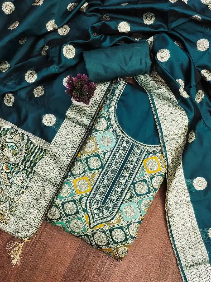 Teal green jacquard embroidered salwar suit material with woven dupatta unstitched