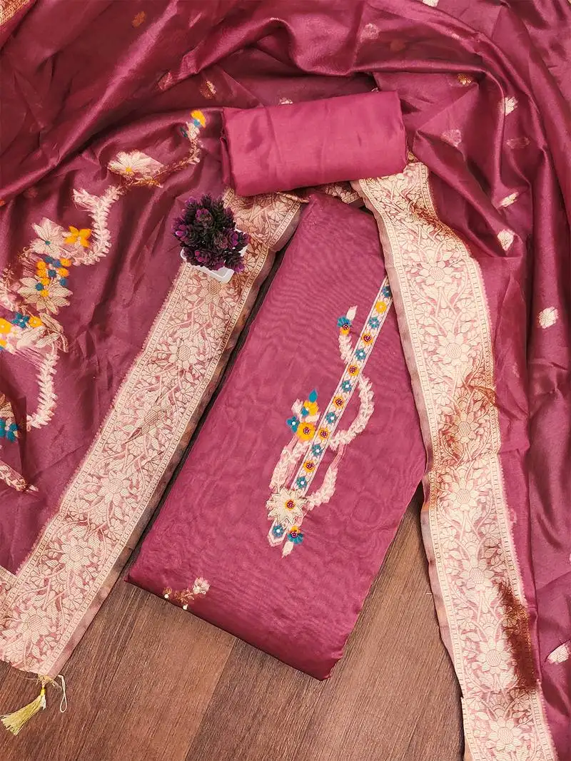 Pink jacquard embroidered salwar suit material with rich woven dupatta unstitched