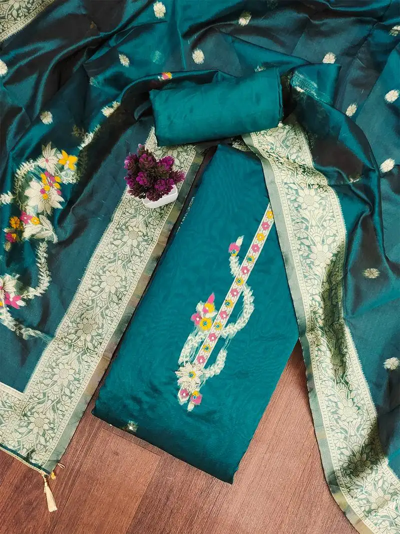 Teal jacquard embroidered salwar suit material with rich woven dupatta unstitched