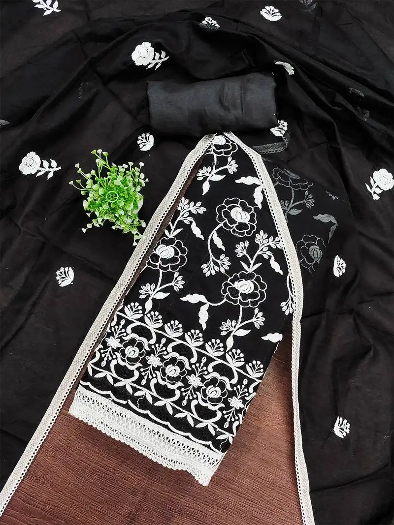 Elegant black chanderi cotton salwar suit material with white thread embroidery unstitched
