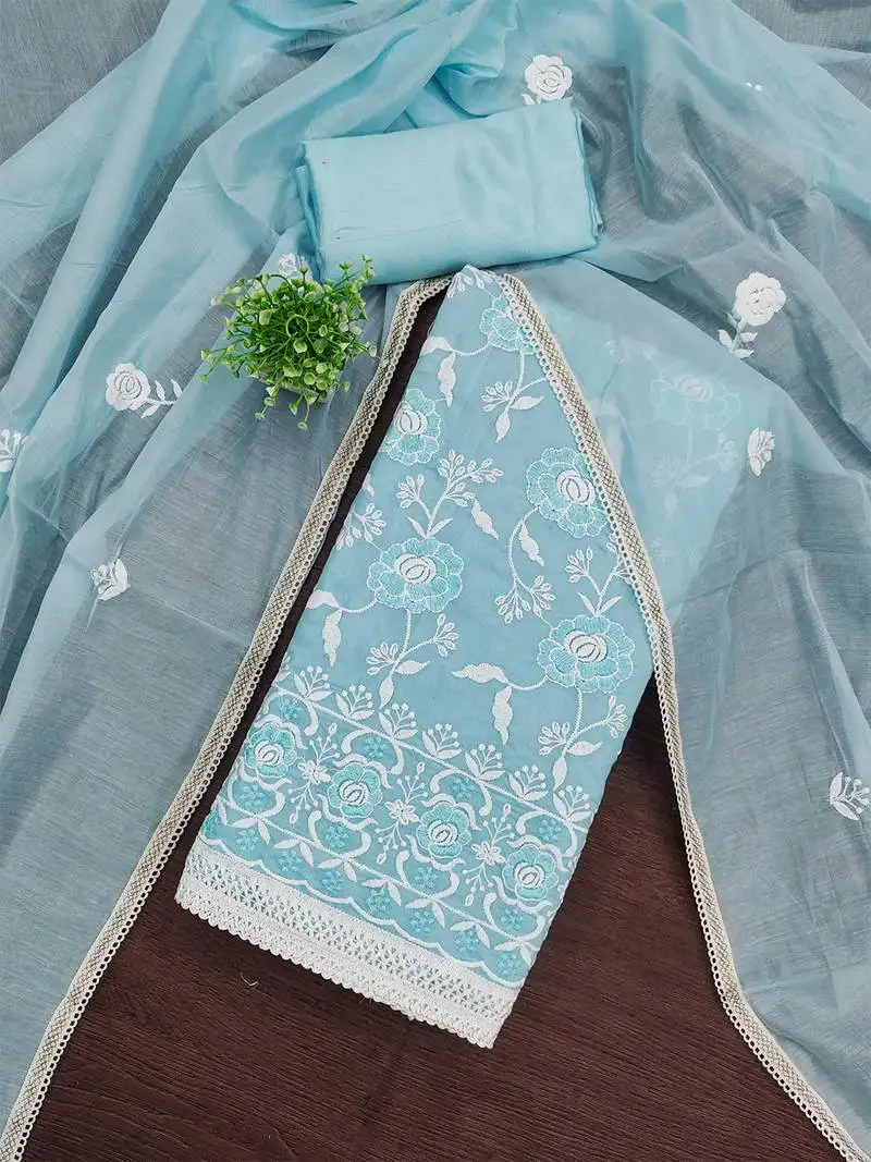 Blue chanderi cotton salwar suit material with white thread embroidery unstitched