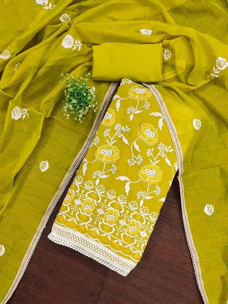 Lime green chanderi cotton salwar suit material with white thread embroidery unstitched