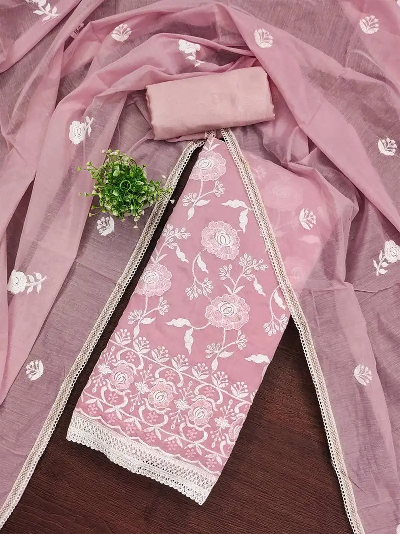 Pink chanderi cotton salwar suit material with white thread embroidery unstitched