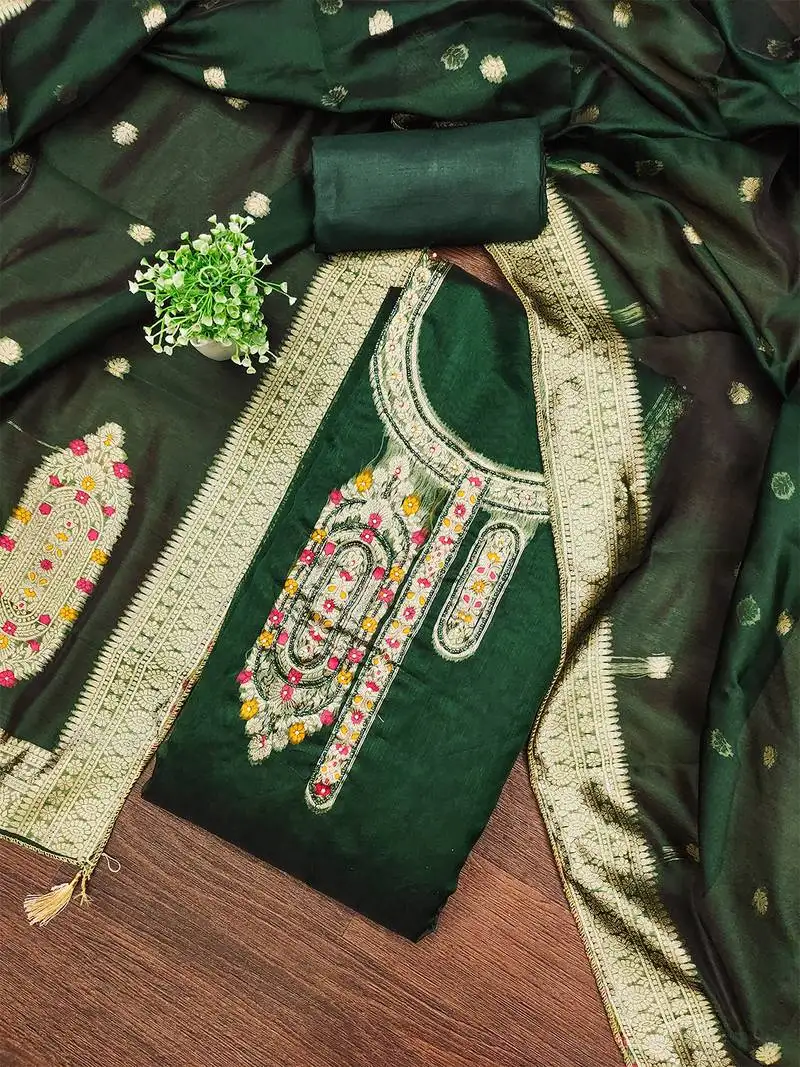 Dark green graceful jacquard embroidered unstitched dress material with banarasi dupatta