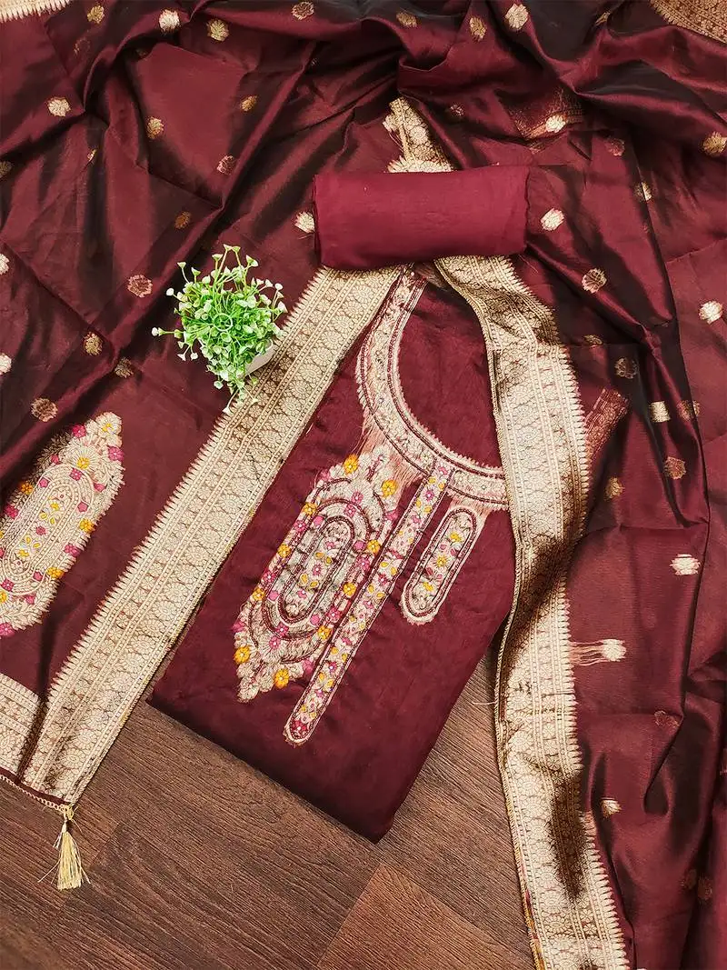 Maroon graceful jacquard embroidered unstitched dress material with banarasi dupatta
