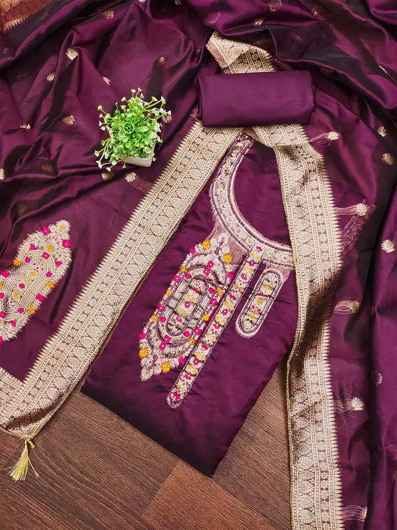 Purple graceful jacquard embroidered unstitched dress material with banarasi dupatta