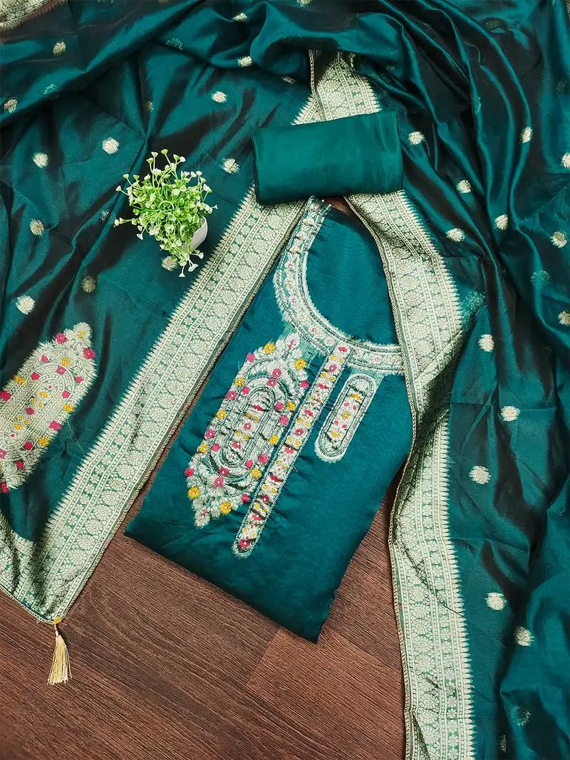 Sea green graceful jacquard embroidered unstitched dress material with banarasi dupatta