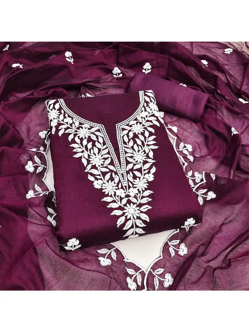Elegant embroidered chanderi cotton salwar kameez dress material unstitched