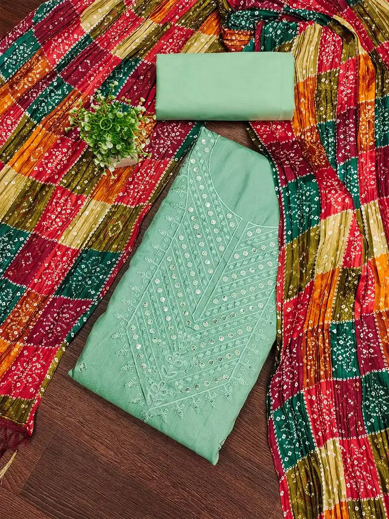 Embroidered chanderi cotton dress material with bandhej chinon crush dupatta unstitched