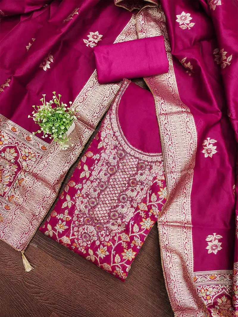 Pink jacquard salwar suit with heavy embroidery and rich dupatta unstitched