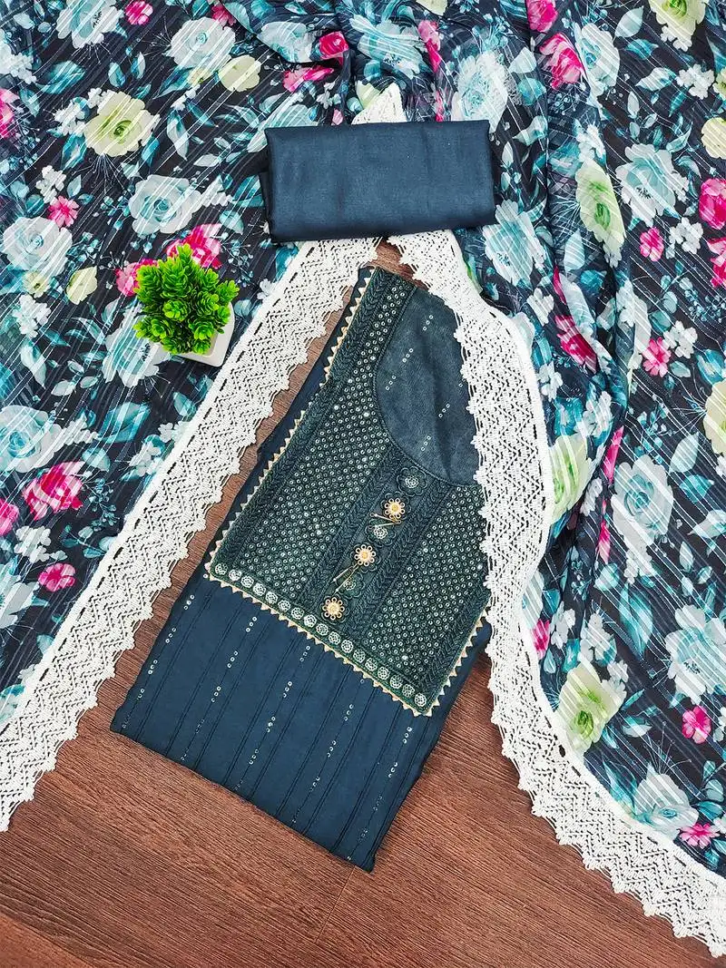 Graceful grey roman silk salwar suit with floral georgette dupatta unstitched