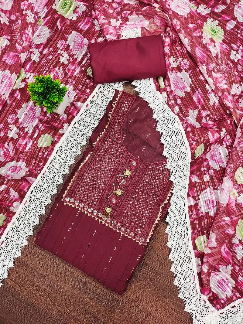 Graceful maroon roman silk salwar suit with floral georgette dupatta unstitched