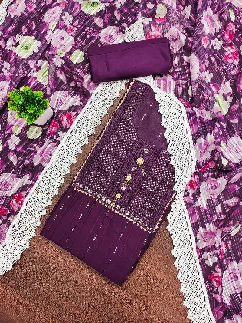 Graceful purple roman silk salwar suit with floral georgette dupatta unstitched