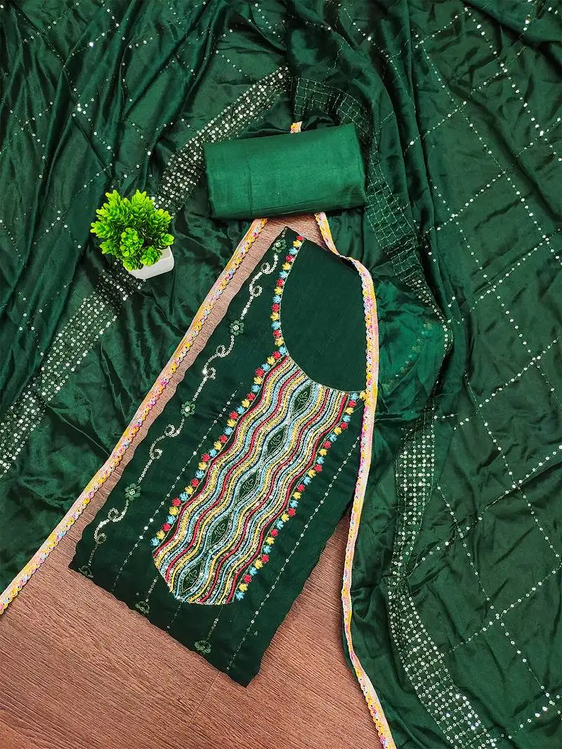 Trendy green vichitra silk salwar suit with chinon mirror work dupatta unstitched
