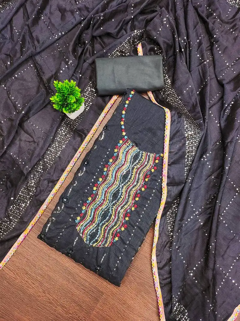 Trendy grey vichitra silk salwar suit with chinon mirror work dupatta unstitched