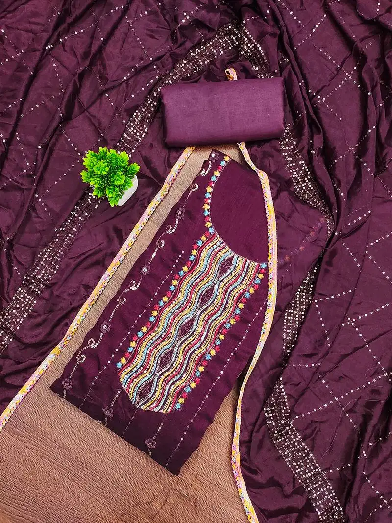 Trendy purple vichitra silk salwar suit with chinon mirror work dupatta unstitched