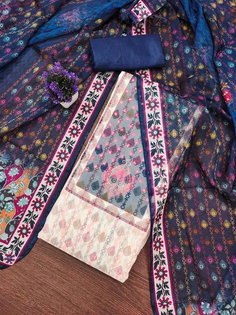 Designer organza printed salwar suit set with floral border dupatta   blue & cream unstitched