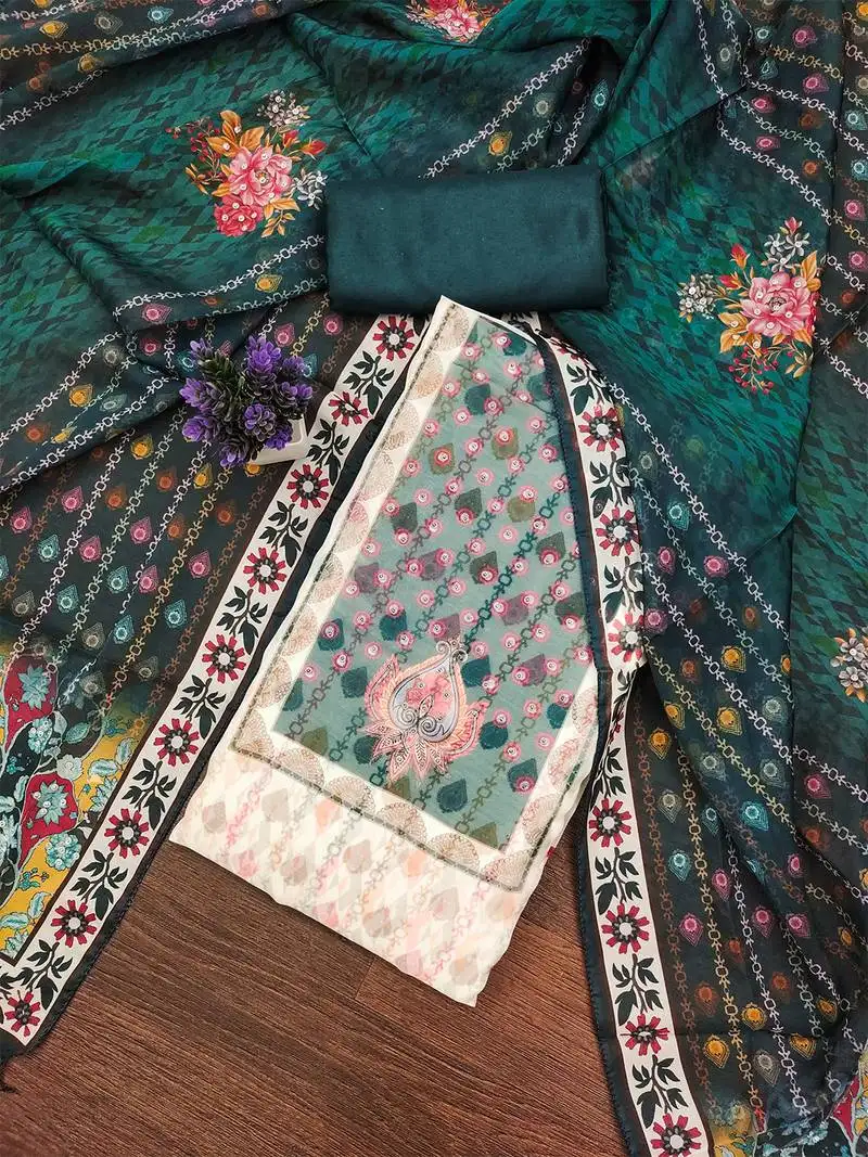 Designer organza printed salwar suit set with floral border dupatta   dark green & cream unstitched