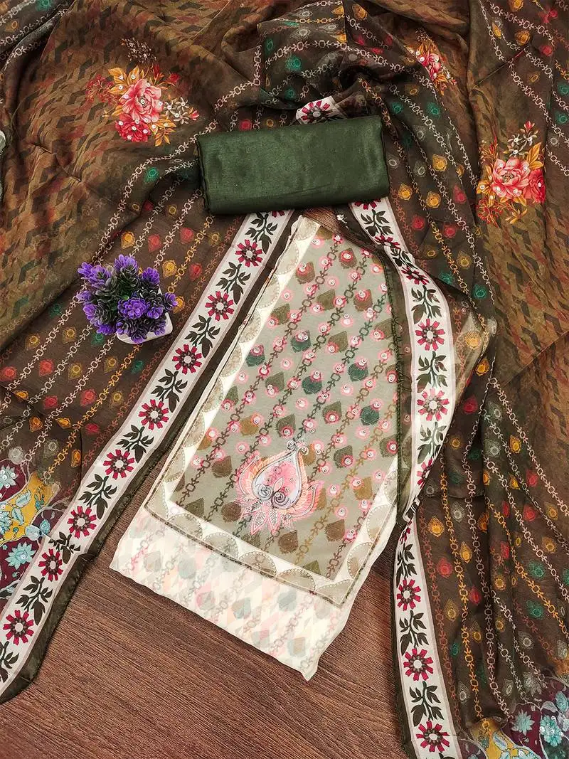 Designer organza printed salwar suit set with floral border dupatta   olive green & cream unstitched