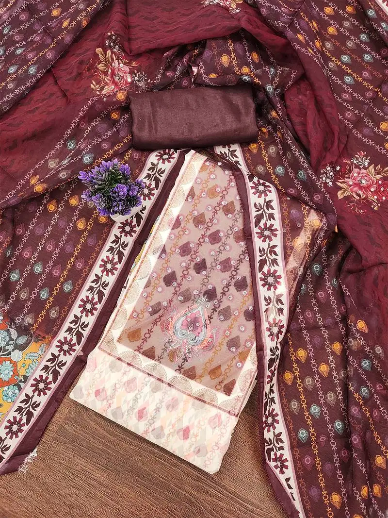 Designer organza printed salwar suit set with floral border dupatta   red & cream unstitched