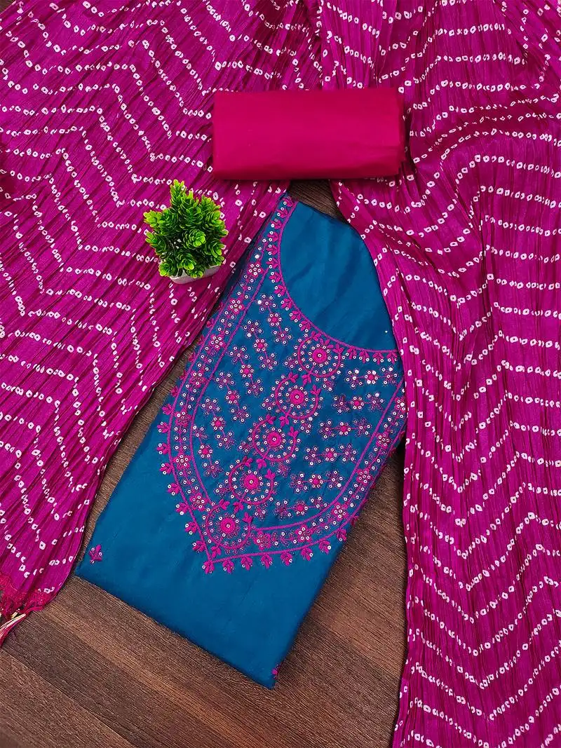 Blue cotton embroidered salwar suit with bandhani chinon printed dupatta unstitched