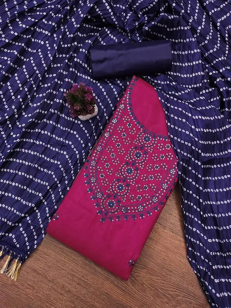 Pink cotton embroidered salwar suit with bandhani chinon printed dupatta unstitched