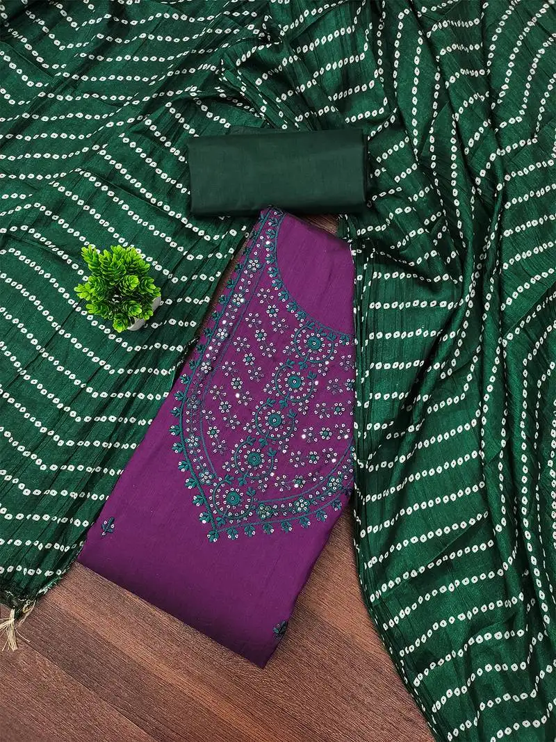 Purple cotton embroidered salwar suit with bandhani chinon printed dupatta unstitched