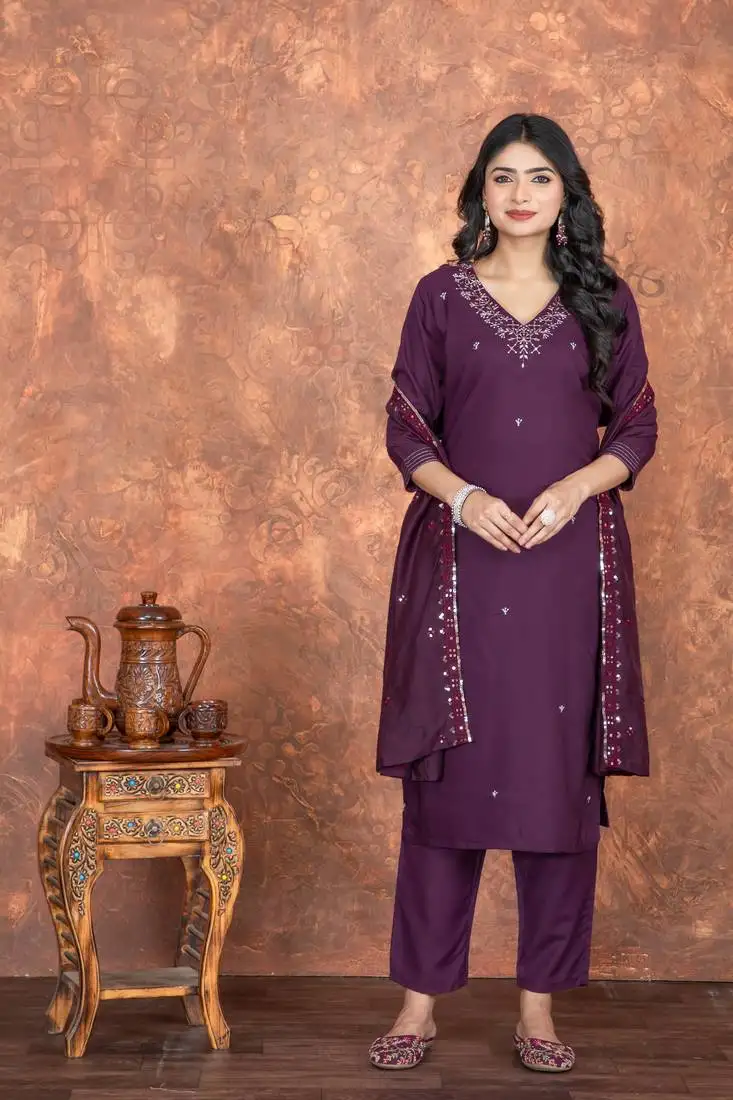 Deep wine roman silk embroidered kurta with pant & chanderi dupatta set