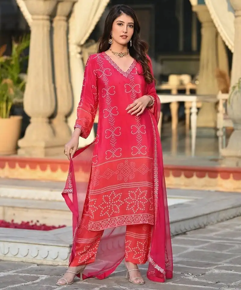 Pink soft chinnon silk kurta pant with dupatta set