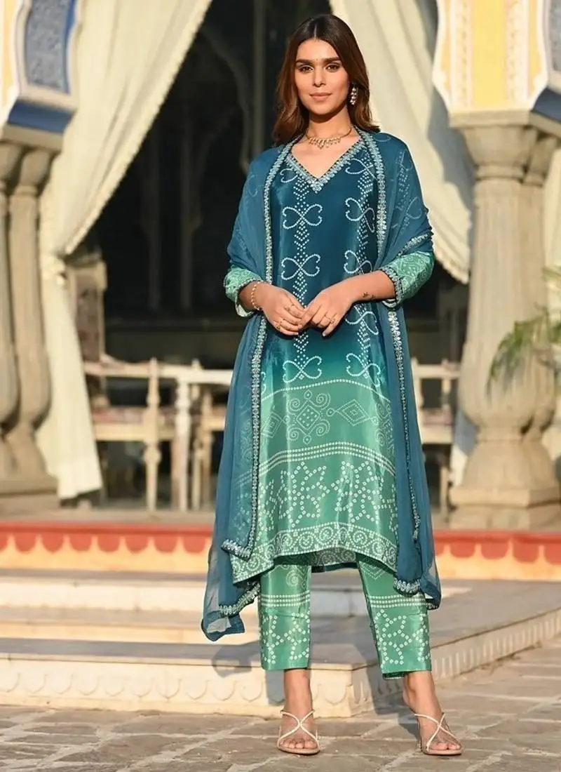 Teal soft chinnon silk kurta pant with dupatta set