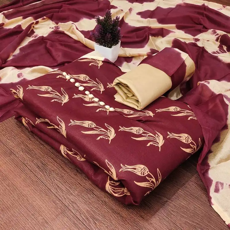 Maroon printed cotton salwar suit material with tie-dye najmin dupatta unstitched