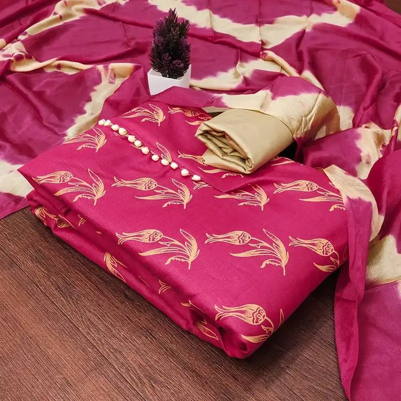Pink printed cotton salwar suit material with tie-dye najmin dupatta unstitched