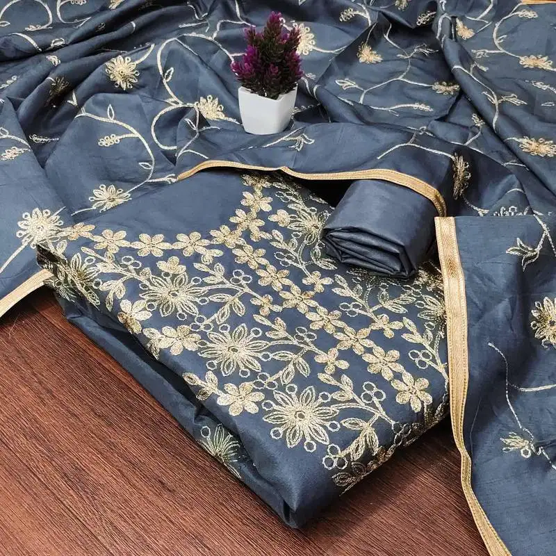 Blue jalpari silk embroidered salwar suit material with santoon bottom unstitched