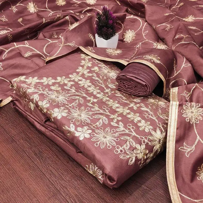 Dusty rose pink jalpari silk embroidered salwar suit material with santoon bottom unstitched