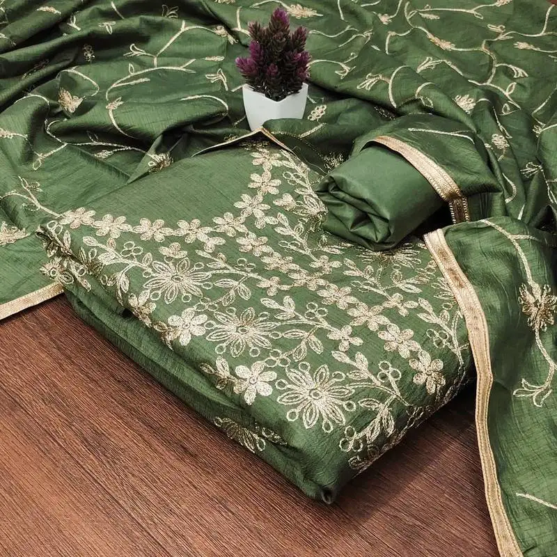 Green jalpari silk embroidered salwar suit material with santoon bottom unstitched
