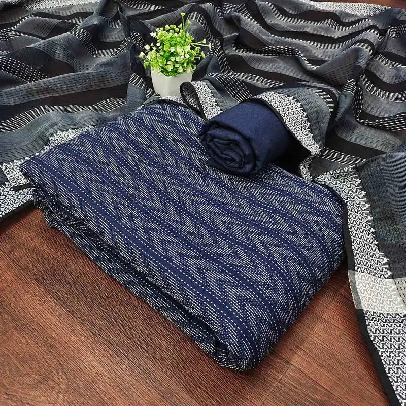 Navy blue cotton jacquard salwar suit material with woven cotton dupatta unstitched