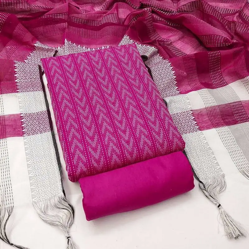 Pink cotton jacquard salwar suit material with woven cotton dupatta unstitched