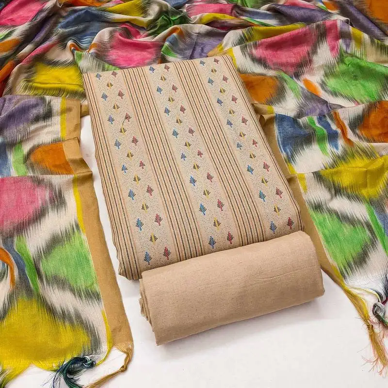 Beige cotton jacquard salwar suit material with multicolor cotton dupatta unstitched