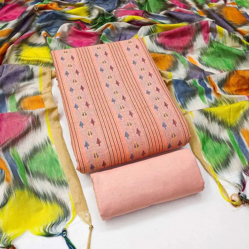 Peach cotton jacquard salwar suit material with multicolor cotton dupatta unstitched