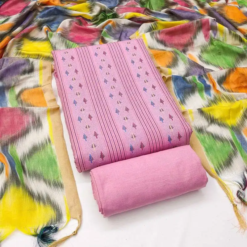 Pink cotton jacquard salwar suit material with multicolor cotton dupatta unstitched