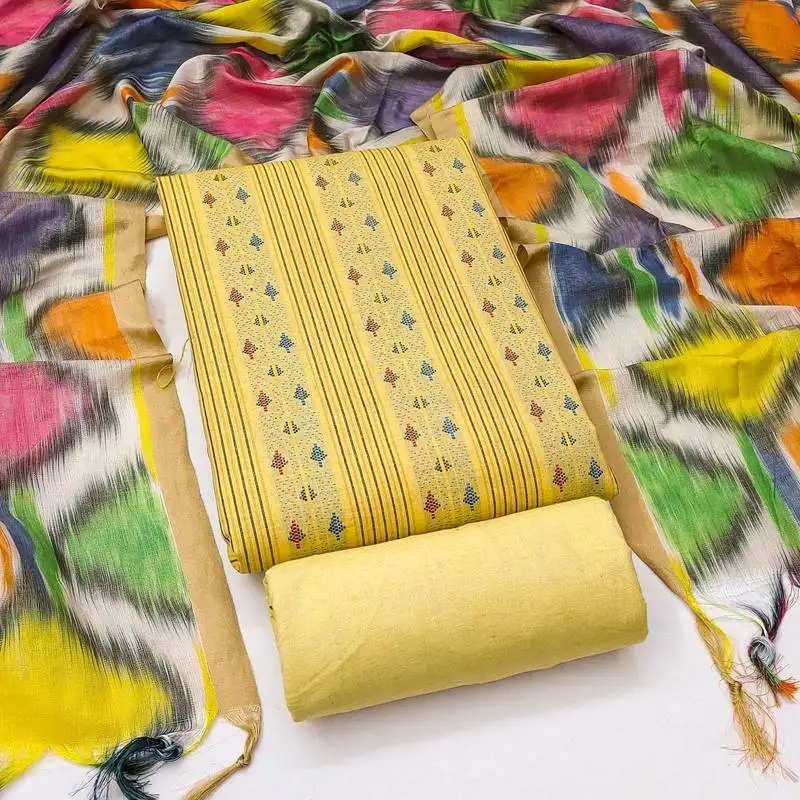 Yellow cotton jacquard salwar suit material with multicolor cotton dupatta unstitched